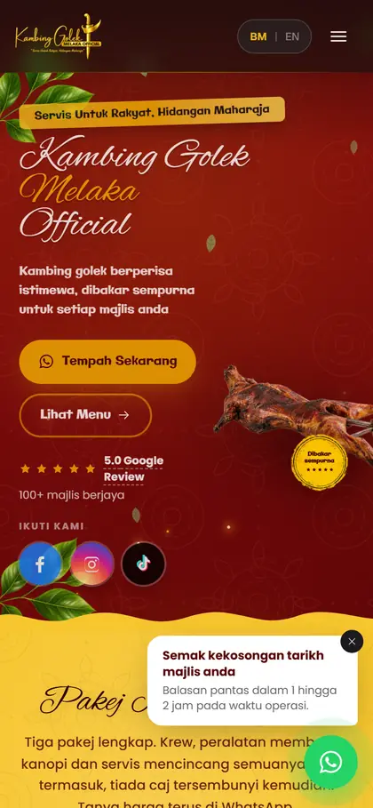 Kambing Golek Melaka Official homepage on a phone