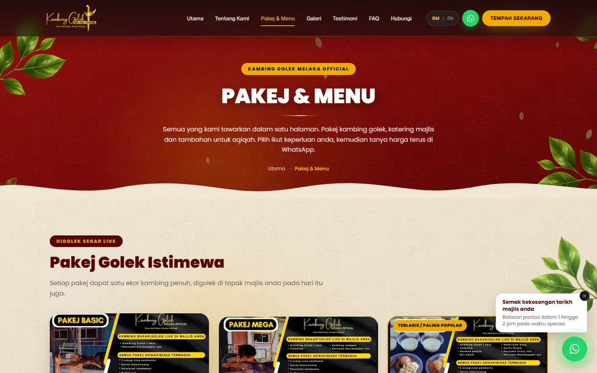 Kambing Golek Melaka Official packages and menu page