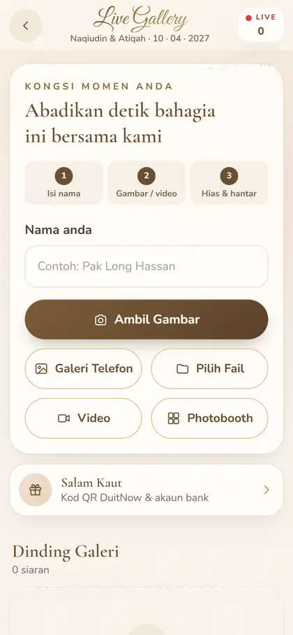 Live Gallery screen with camera, video and Photobooth buttons