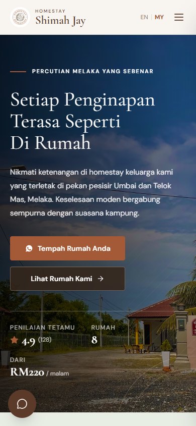 Homestay Shimah Jay — actual mobile homepage interface