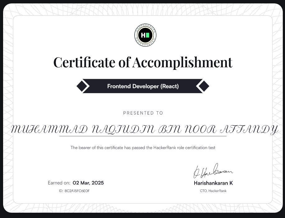 HackerRank Frontend Developer React Certificate