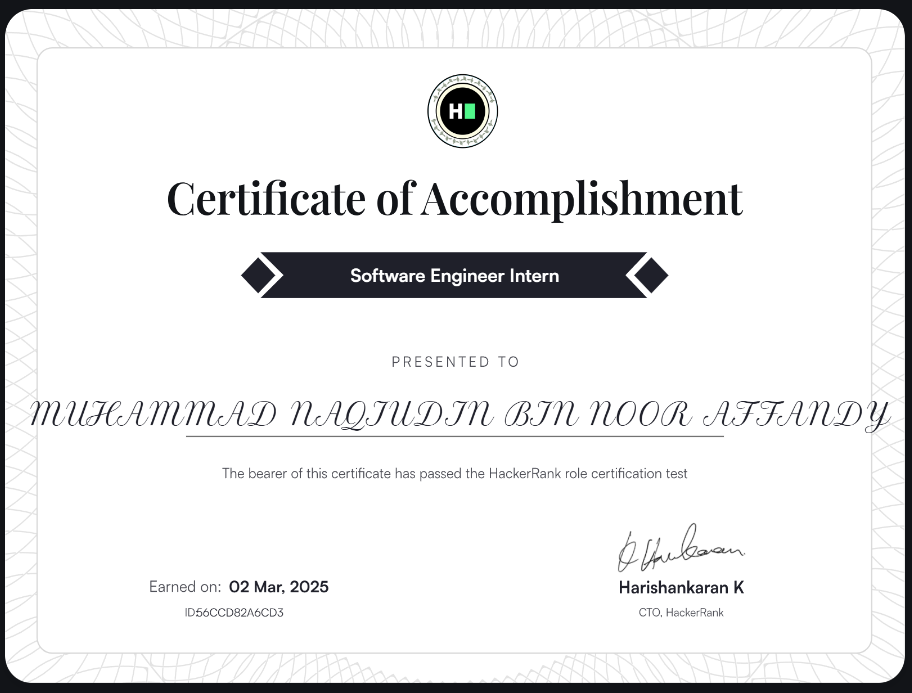 HackerRank Software Engineer Intern Certificate